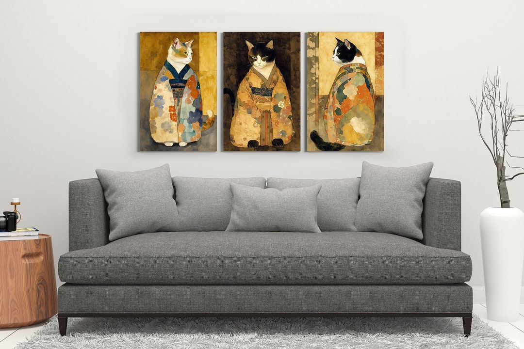 Set of 3 Japanese Cats in Kimono Printable Wall Art | Ukiyo-e Vintage ...
