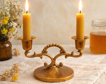 Vintage Copper Brass Double Candle Holder Ornate Scroll Regency Style Deco