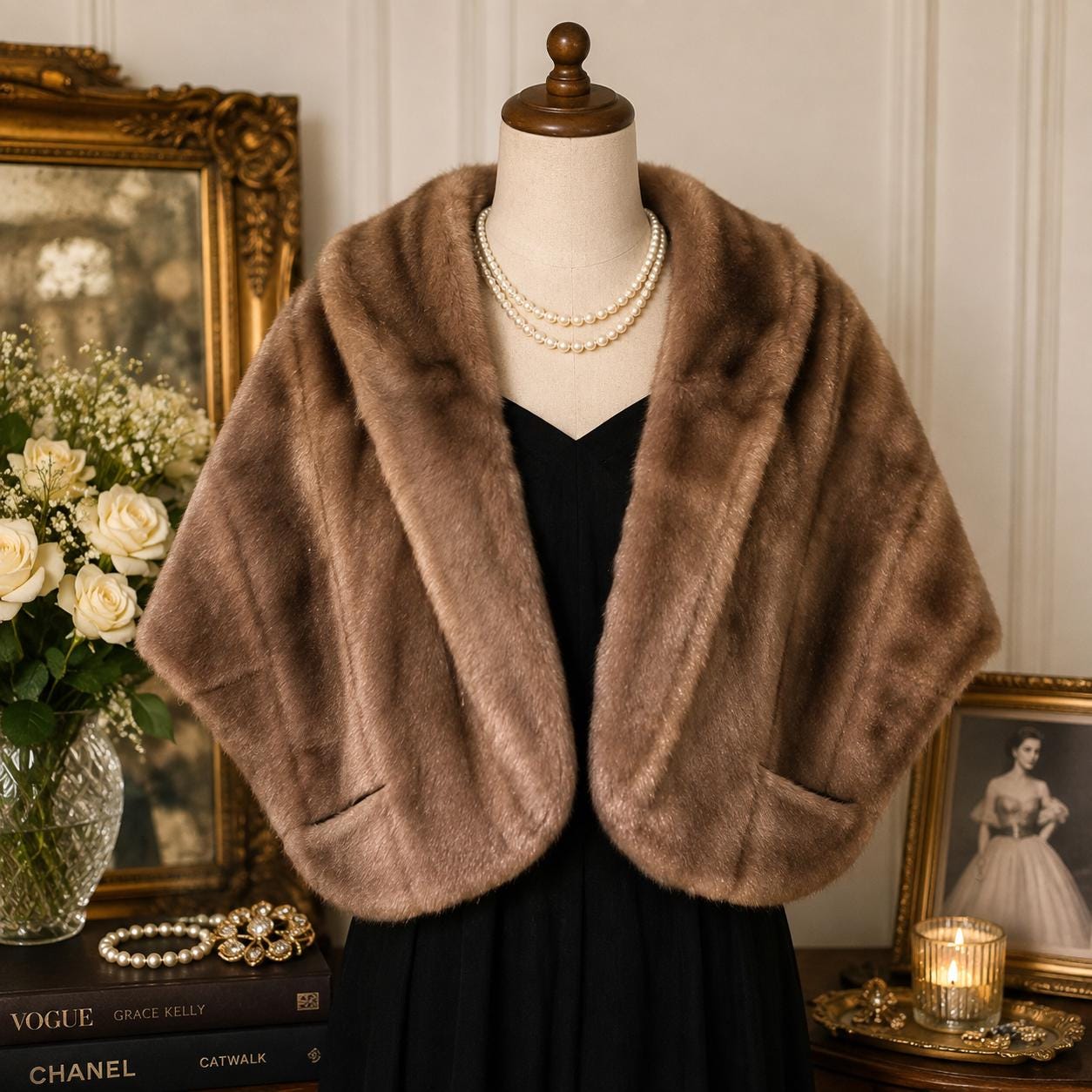 Vintage 1960s Regina Glenara Glenoit Faux Fur Stole Capelet Mink 