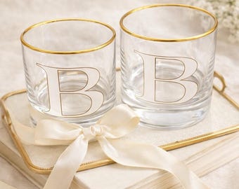 Set of 2 Monogram B Whiskey Glasses Gold Rim Rocks Old Fashioned Barware Gift