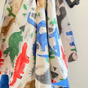 May include: A white baby blanket with a dinosaur print. The blanket features red, blue, green, and brown dinosaurs with the word "ROAR!" repeated throughout. The blanket has a blue border.