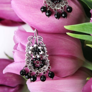 Traditional Oaxacan Filigree .925 Sterling Silver Dangling Earrings with Natural Faceted Black Agate Stones by Yesenia Salgado Tellez Oaxaca