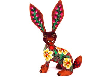 Oaxacan Wood Carving Floral Bunny Rabbit Alebrije by Jose Olivera Perez Mexican Folk Art Oaxaca Mexico