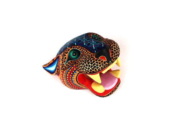 Oaxacan Wood Carving Jaguar Head Mask Wild Cat by Juventino Melchor Alebrije Mexican Folk Art Oaxaca Mexico