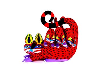 Oaxacan Wood Carving Possum with Babies Hanging from Her Tail by Armando Jimenez Mexican Folk Art Alebrije Oaxaca Mexico
