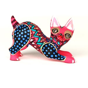 Oaxacan Wood Carving Cool One Solid Piece Pink Cat Alebrije by Juventino Melchor Mexican Folk Art Oaxaca Mexico