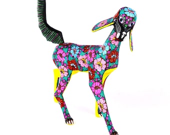 Oaxacan Wood Carving Dog with Flowers by Candido Jimenez Mexican Folk Art Alebrije Oaxaca Mexico