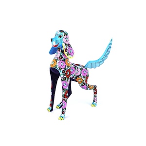 Oaxacan Wood Carving Dog with Flowers by Candido Jimenez Mexican Folk Art Alebrije Oaxaca Mexico