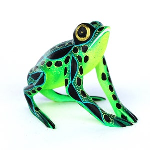 Oaxaca Wood Carving Green And Black Frog by Hilario Blas Oaxacan Mexican Folk Art Alebrije