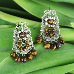 Traditional Oaxacan Filigree .925 Oxidized Sterling Silver Dangling Earrings w/ Natural Tiger&#39;s Eye Stones by Yesenia Salgado Tellez Oaxaca