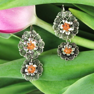 Traditional Oaxacan Filigree .925 Oxidized Sterling Silver Dangling Earrings w/ Natural Carnelian Stones by Yesenia Salgado Tellez Oaxaca