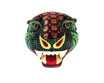 Oaxacan Wood Carving Jaguar Head Mask Wild Cat Alebrije by Juventino Melchor Mexican Folk Art Oaxaca Mexico