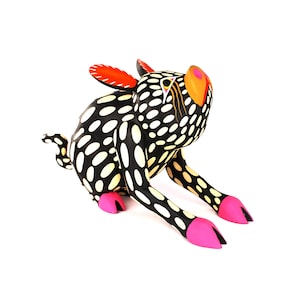 Oaxacan Wood Carving Black and Tan Polka Dot Pig by Armando Jimenez Mexican Folk Art Alebrije Oaxaca Mexico