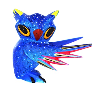 Oaxacan Wood Carving Blue Owl by Hilario Blas Mexican Folk Art Alebrije Oaxaca Mexico