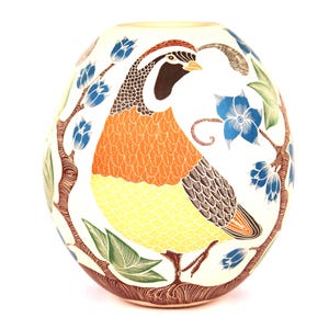 Maceta de aves codornices con esgrafiado mediano de Mata Ortiz Pottery de Guadalupe Melendez Cerámica mexicana Arte popular fino Arcilla