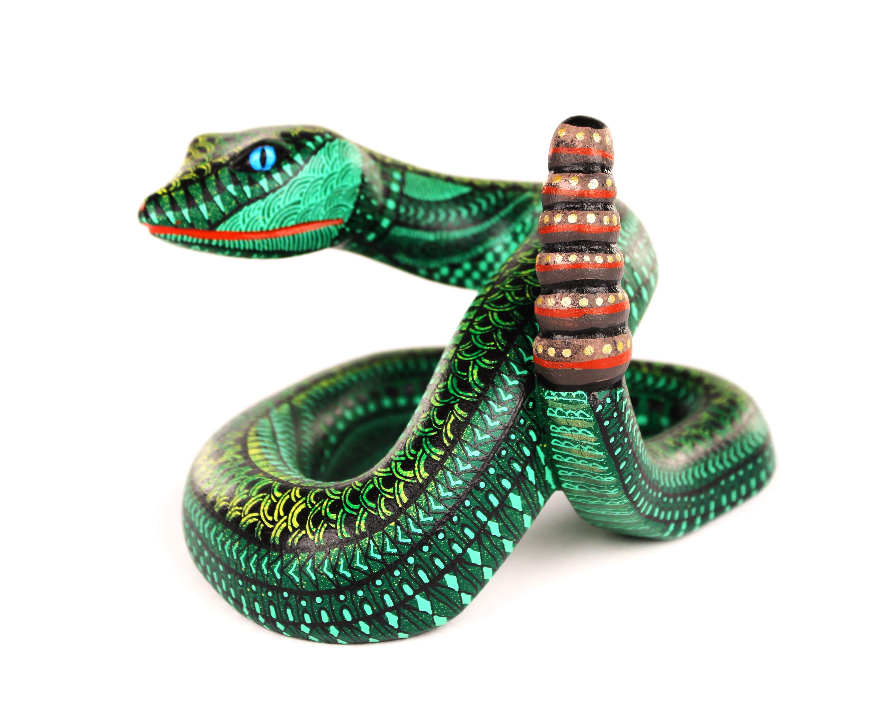 Oaxacan Wood Carving Coiled Rattle Snake Serpent by Master Carver