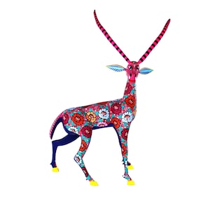 Oaxacan Wood Carving Gazelle Alebrije with Floral Design and Fantastic Horns by Candido Jimenez Mexican Folk Art Oaxaca Mexico