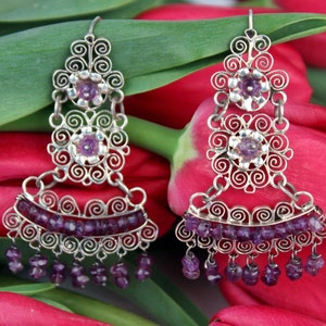 Traditional Oaxacan Filigree Sterling Silver And Amethyst Chandelier Earrings by Yesenia Salgado Tellez Oaxaca Mexico
