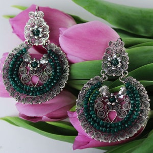 Traditional Oaxacan Filigree .925 Sterling Silver Dangling Earrings with Natural Faceted Green Agate Stones by Yesenia Salgado Tellez Oaxaca