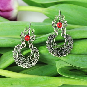 Traditional Oaxacan Filigree .925 Sterling Silver Earrings with Jewelry Grade Coral Stones by Yesenia Salgado Tellez Oaxaca Mexico