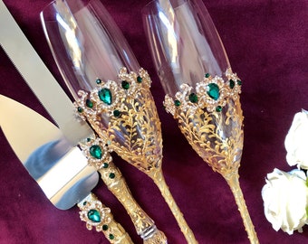 Personalized Wedding Flutes sand Cake Server Knife Gold Emerald Wedding Glasses And Cake Set Green Gold Champagne Flutes Bride Groom Glasses
