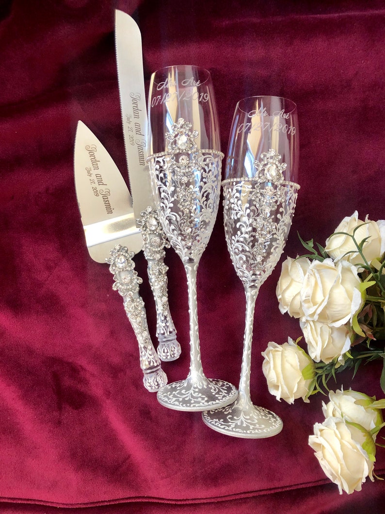 Personalized Wedding Glasses For Bride and Groom Silver White Etsy