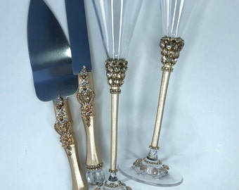 Gold Wedding Set of 4: Gold Champagne Flutes Cake Server Knife  Toasting Flutes Bride Groom Glasses and Cake Server Knife Anniversary Flutes