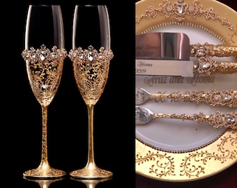 Gold Wedding Flutes Cake Server Knife Plate for Wedding Cake and two Forks Personalized Wedding Glasses and Cake Server and Knife Gold Gift