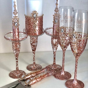 Rose gold Wedding set of 4: rose gold champagne flutes Rose Gold cake server and knife Bride Groom Glasses Anniversary Gift Wedding Flutes