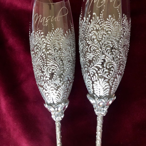 Personalized Silver Wedding Flutes Hand Painted Silver Champagne Flutes Silver Wedding Glasses For Bride Groom Anniversary Flutes Rustic