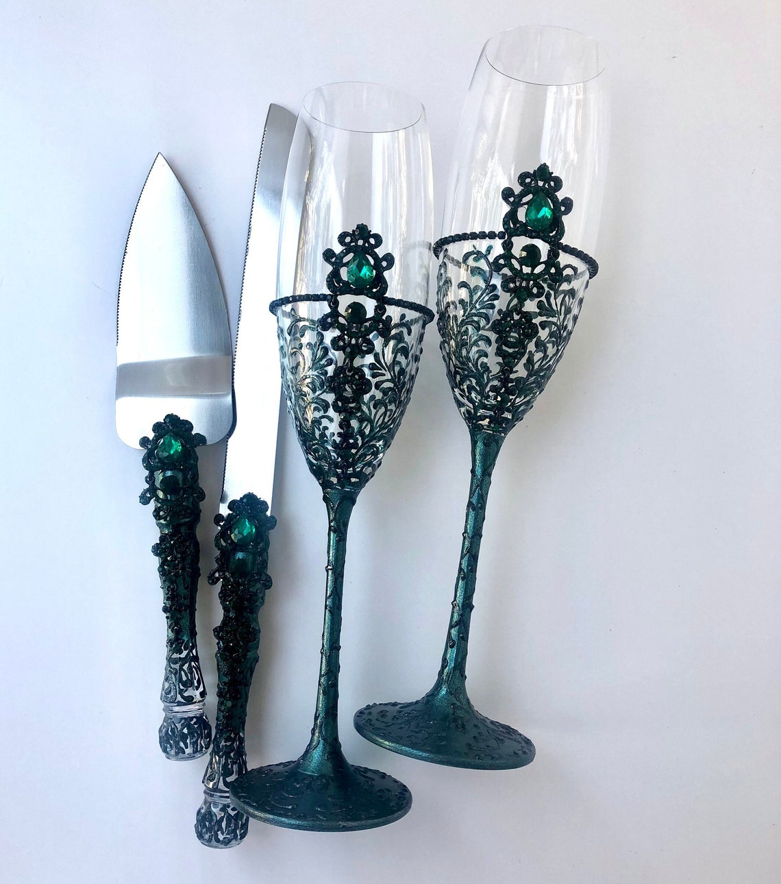 Halloween Glasses Emerald Black Wedding Glasses Server Knife image 2