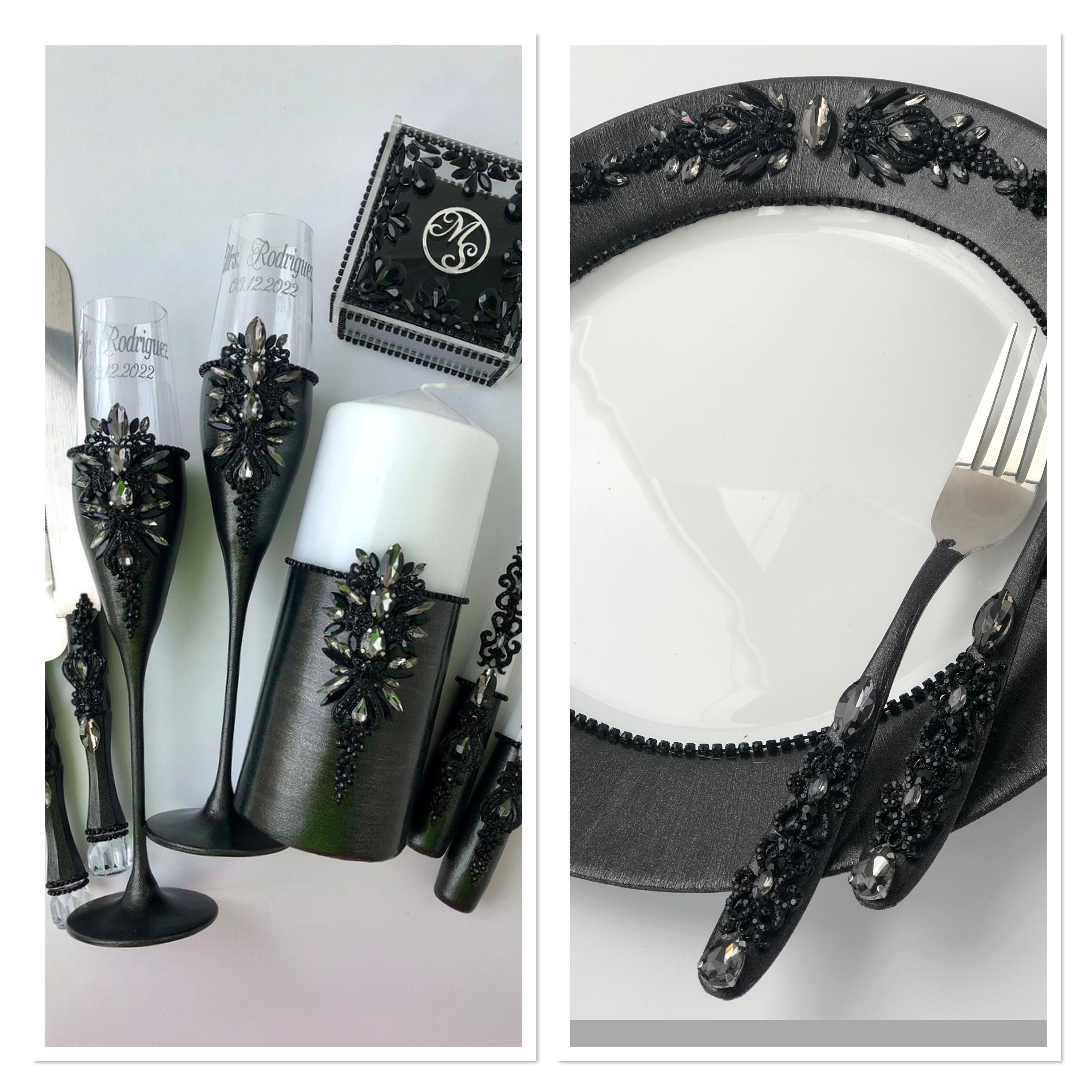 Gothic Wedding Glasses Halloween Glasses Halloween Wedding Flutes Black Wedding Glasses Black Candles Black Cake Server Set Black Rings Box