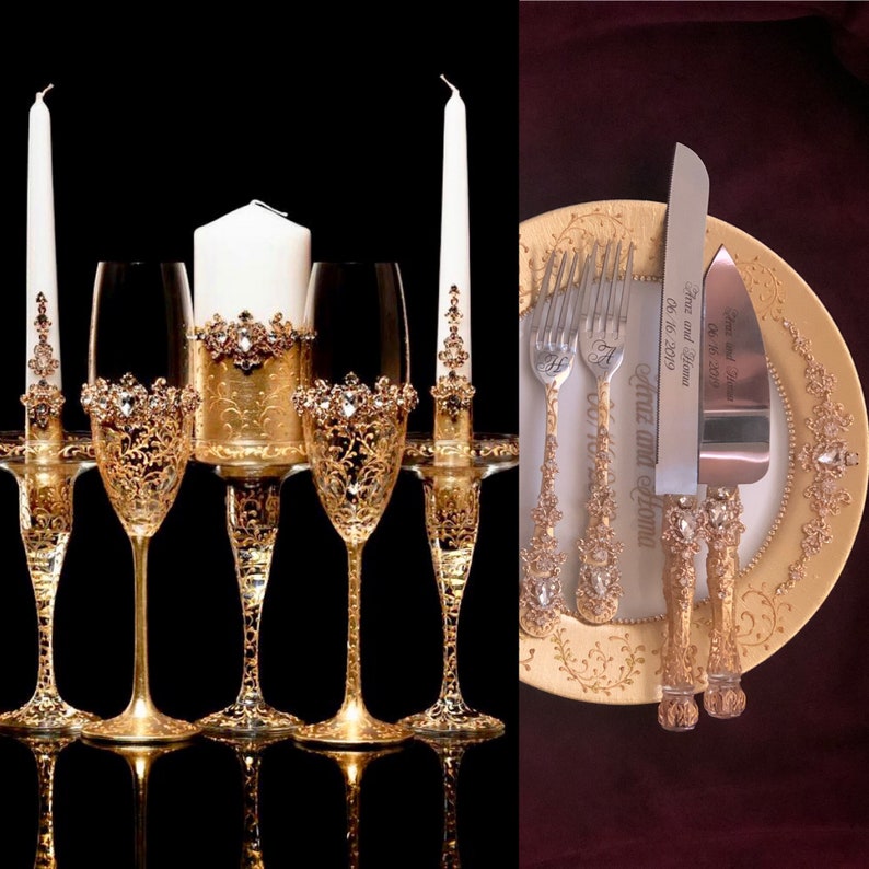 Setof 5gold Wedding Cake Server Knife Plate Forwedding Cake Etsy