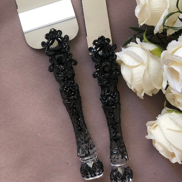 Black Cake Server and Knife Black Wedding Cake Cutting Set Personalized Cake Set Halloween Table Decor Black Table Decor Gothic Wedding Set