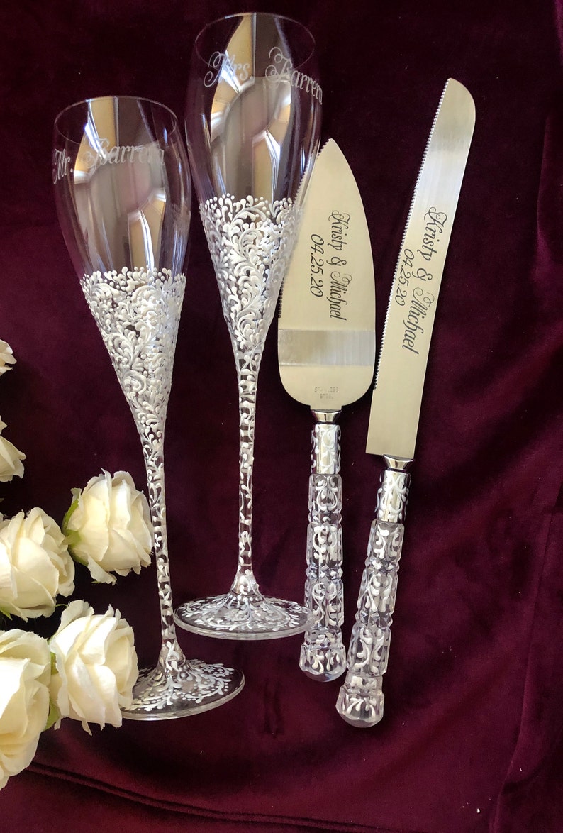 Personalized Wedding Glasses and Cake Server Knife White Etsy