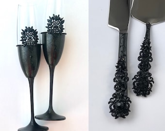 Black Wedding Glasses Black Cake Server Knife Gothic Wedding Glasses Halloween Wedding Halloween Glasses Black Flutes Bride Good Glasse Gift