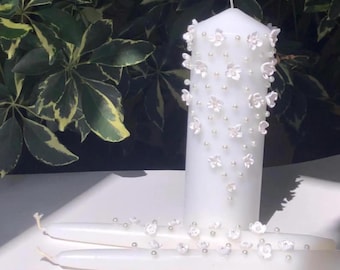Floral Unity Candle Set with Pearls Botanical Wedding Decorations with handmade flowers