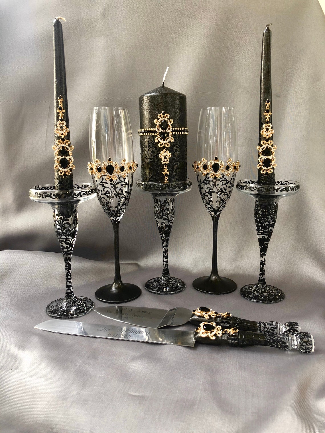 Black wedding glasses and cake server and knife gothic candle image 2