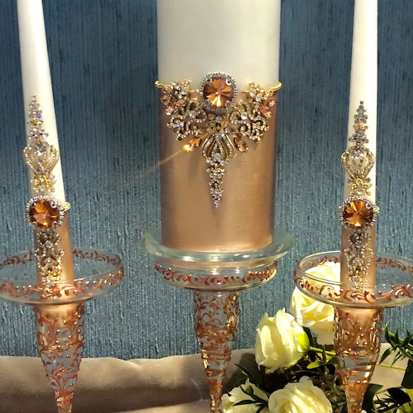 Rose Gold Unity Candle Set Rose Gold Candle Holders Rose Gold Wedding Candle Set Wedding Ceremony Candles Rose Gold Table Decor Anniversary