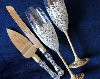 Personalized Wedding Glasses Personalized Cake Server And Knife Hand Painted Flutes White Gold Wedding Glass Anniversary Flutes Wedding Gift