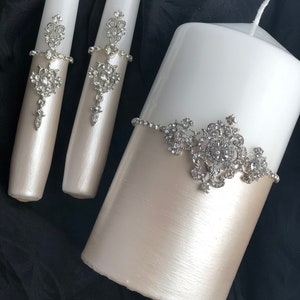 Ivoren eenheid kaars set met zilveren decor bruiloft kaarsen met kandelaarsen ivoor bruiloft kaarsen verloving kaarsen ivoor tafel decor