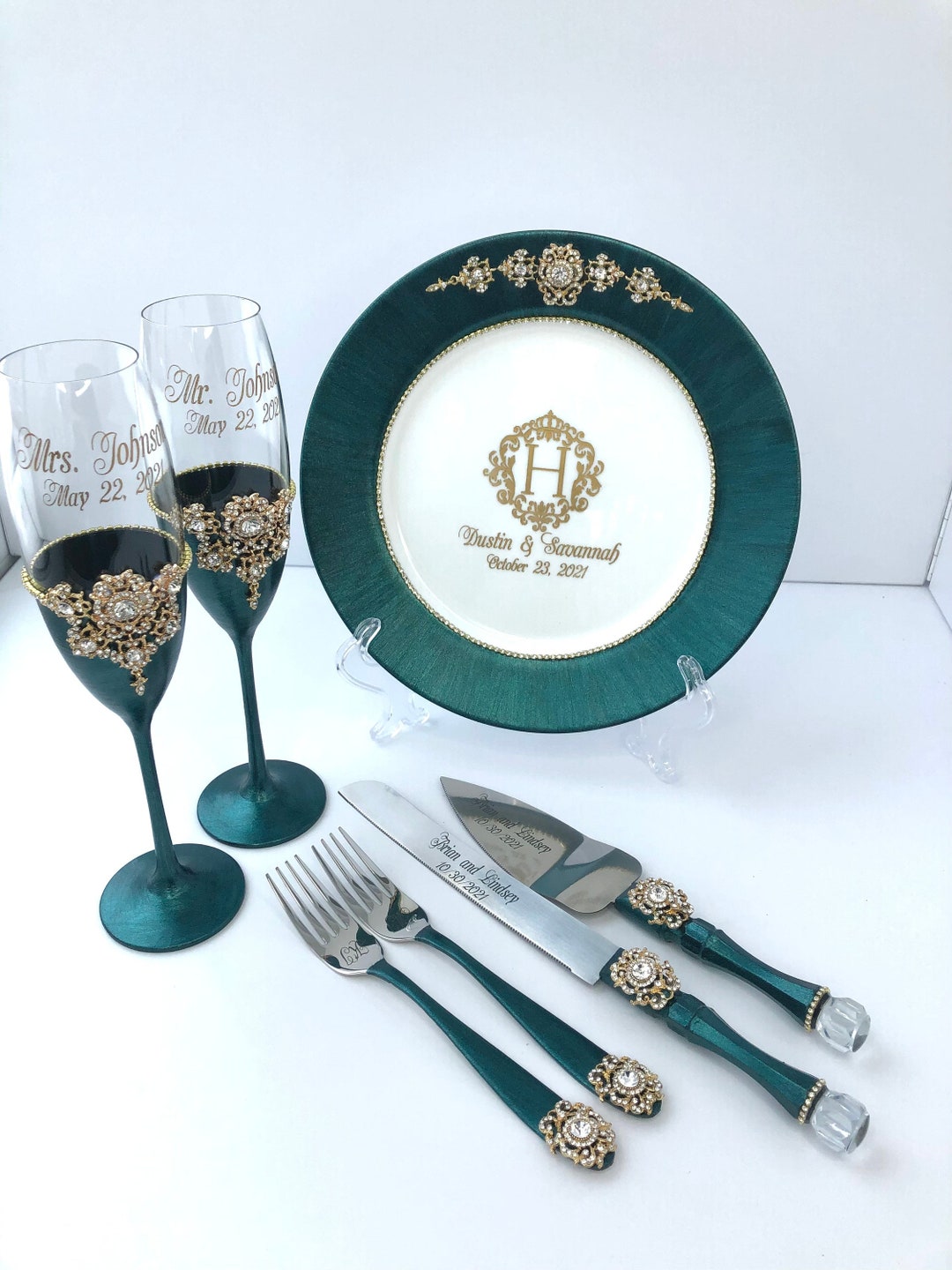 Emerald Wedding Set of 7 Emerald Wedding Flutes Cake Server Knife