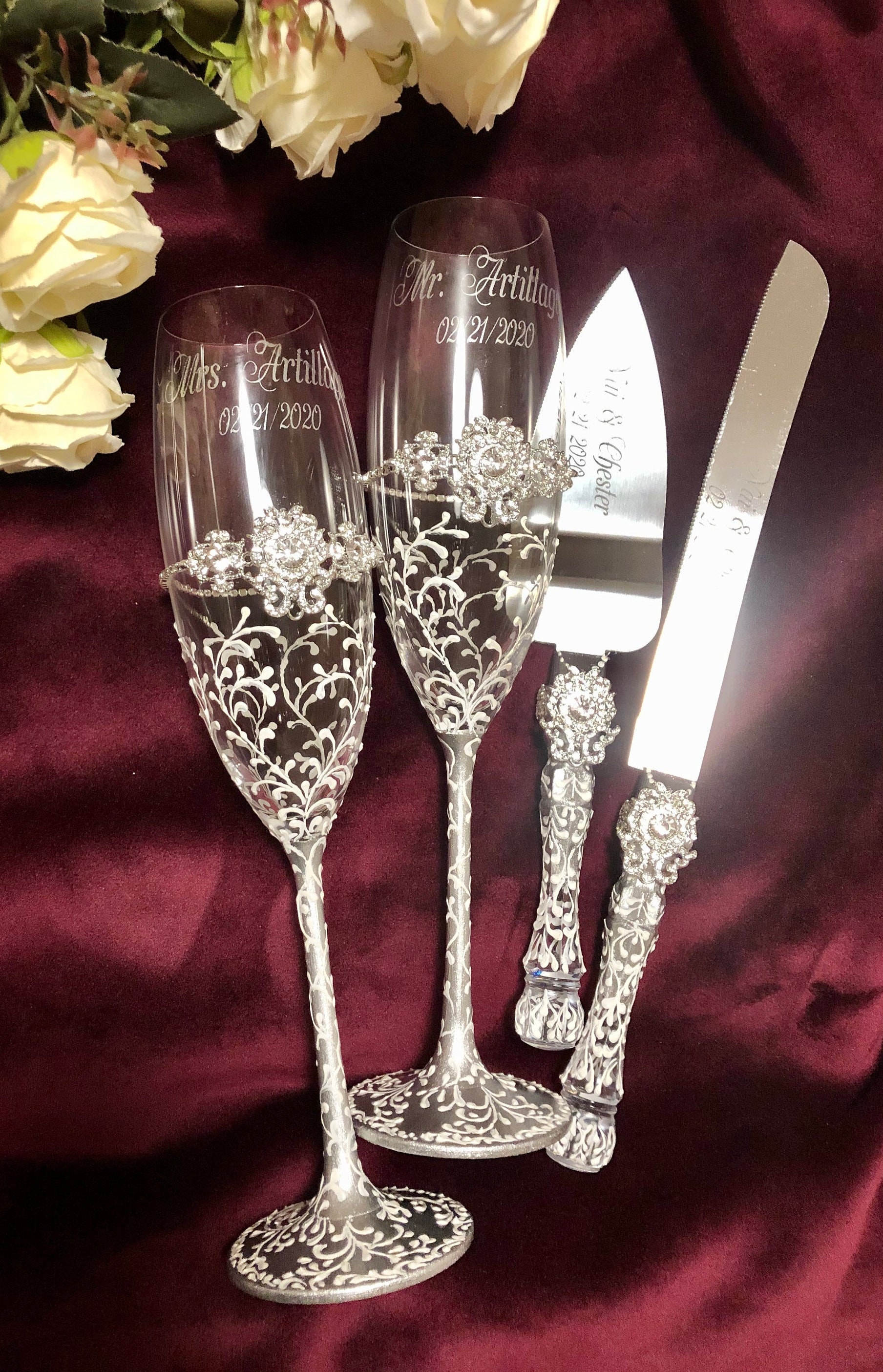 Personalized White Wedding Glasses and Cake Server Knife Etsy