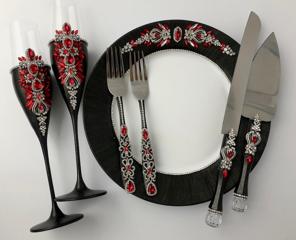 Black Red Wedding Glasses Cake Server Knife Halloween Glasses image 1