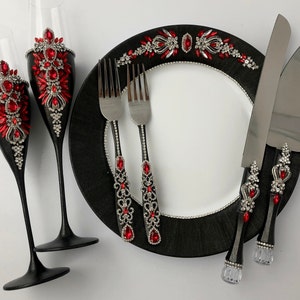 Black Red Wedding Glasses Cake Server Knife Halloween Glasses Halloween Wedding Gothic Wedding Gothic Cake Server Knife Gothic Flutes Gift