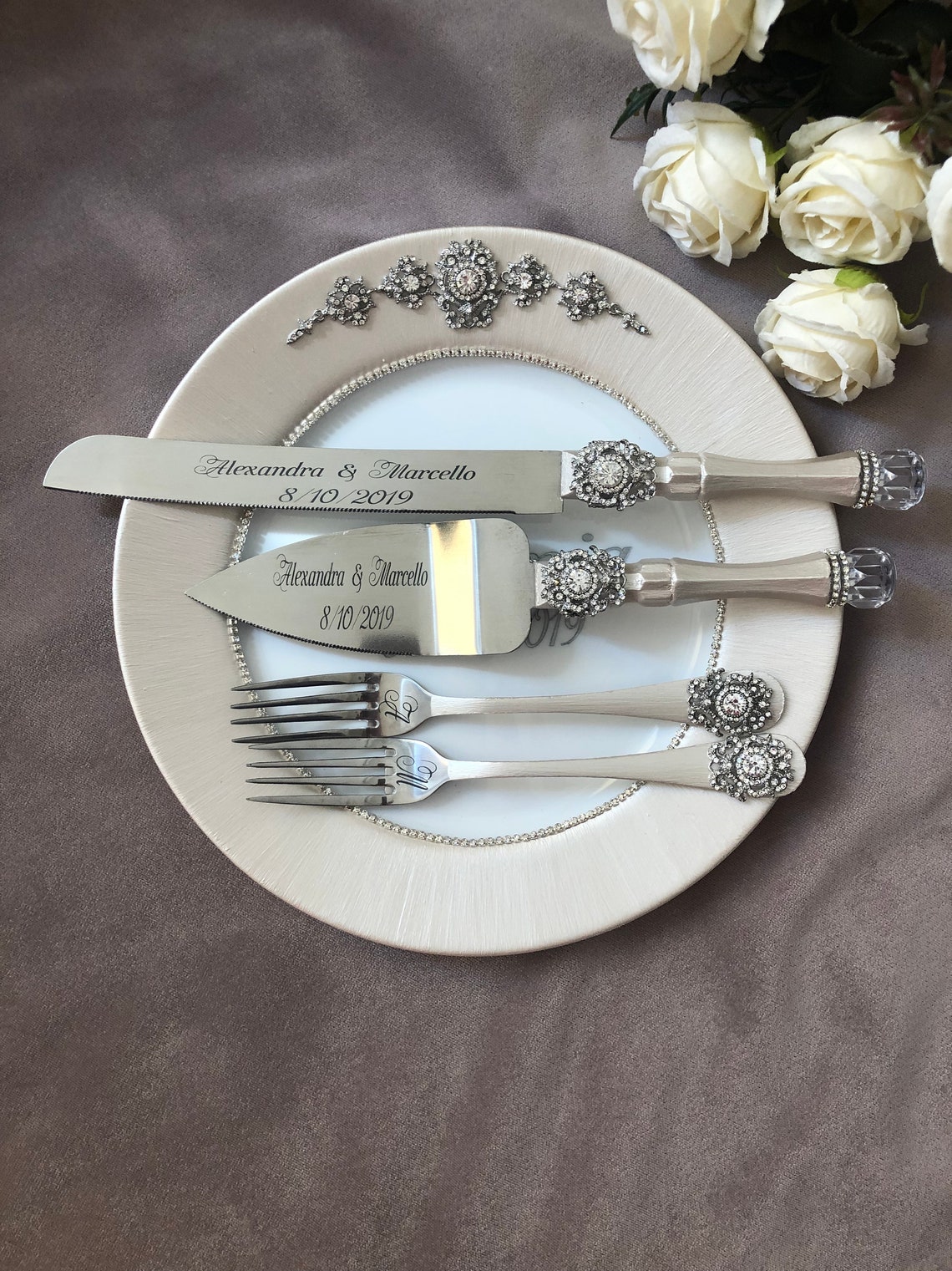 Personalized Ivory Wedding Glasses and Cake Server Knife Etsy