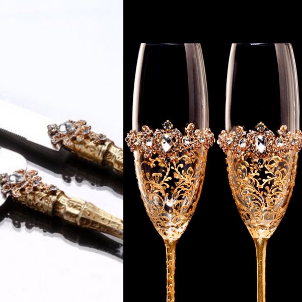 Personalized Wedding Flutes sand Cake Server Knife Gold Wedding Glasses Cake Server Set Gold Champagne Flutes Bride Groom glasses