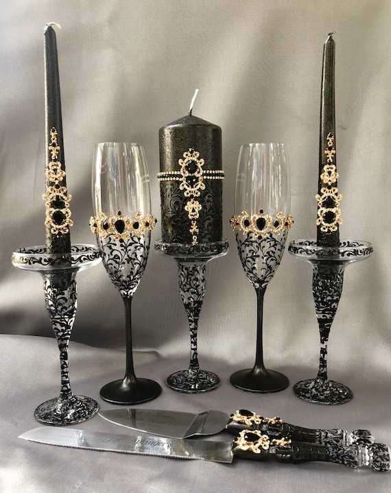 Black Wedding Glasses and Cake Server and Knife Gothic Candle Set Black  Candle Holders Halloween Wedding Glasses Gothic Wedding Glass 
