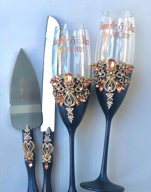 Navy Blue Rose Gold Wedding Glasses Cake Server Knife Personalized Wedding  Set of 4: Navy Rose Gold Champagne Flutes Cake Server Set Wedding 