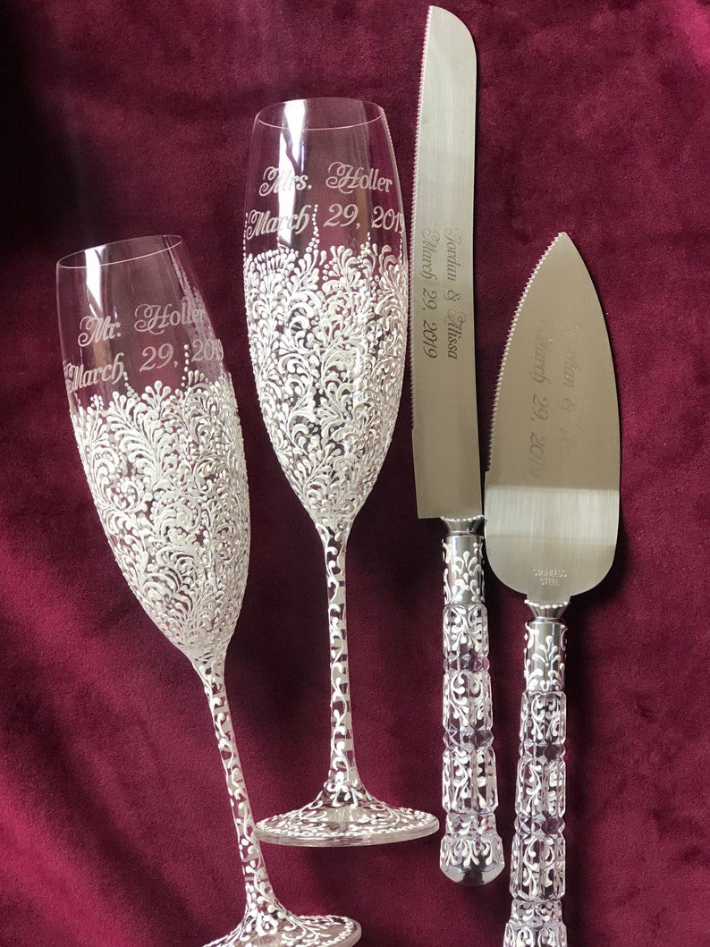Personalized Wedding Glasses and Cake Server Knife White Etsy